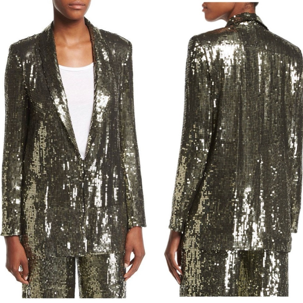 Alice + Olivia Jace Metallic Gold Sequin Shawl-Collar Oversized Blazer Sz S